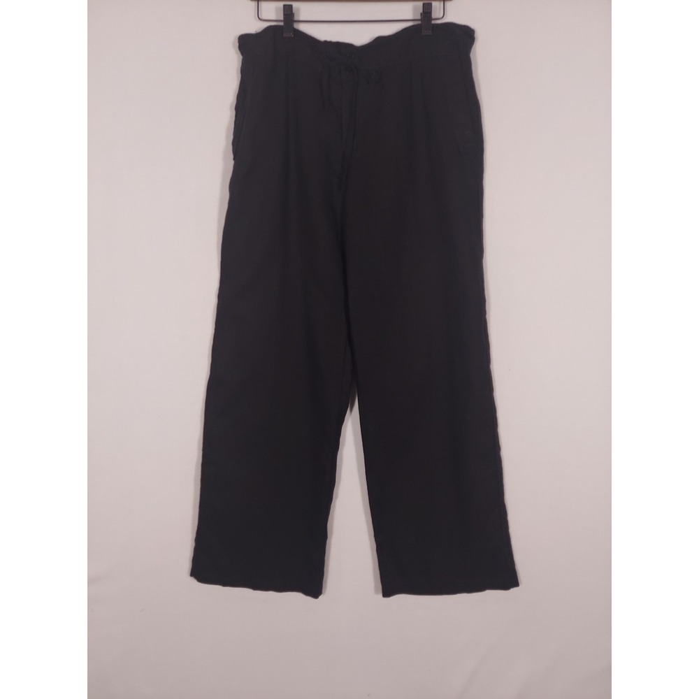 Lauren Ralph Lauren Linen Pants Women 14 Black Wide Leg Drawstring Pockets